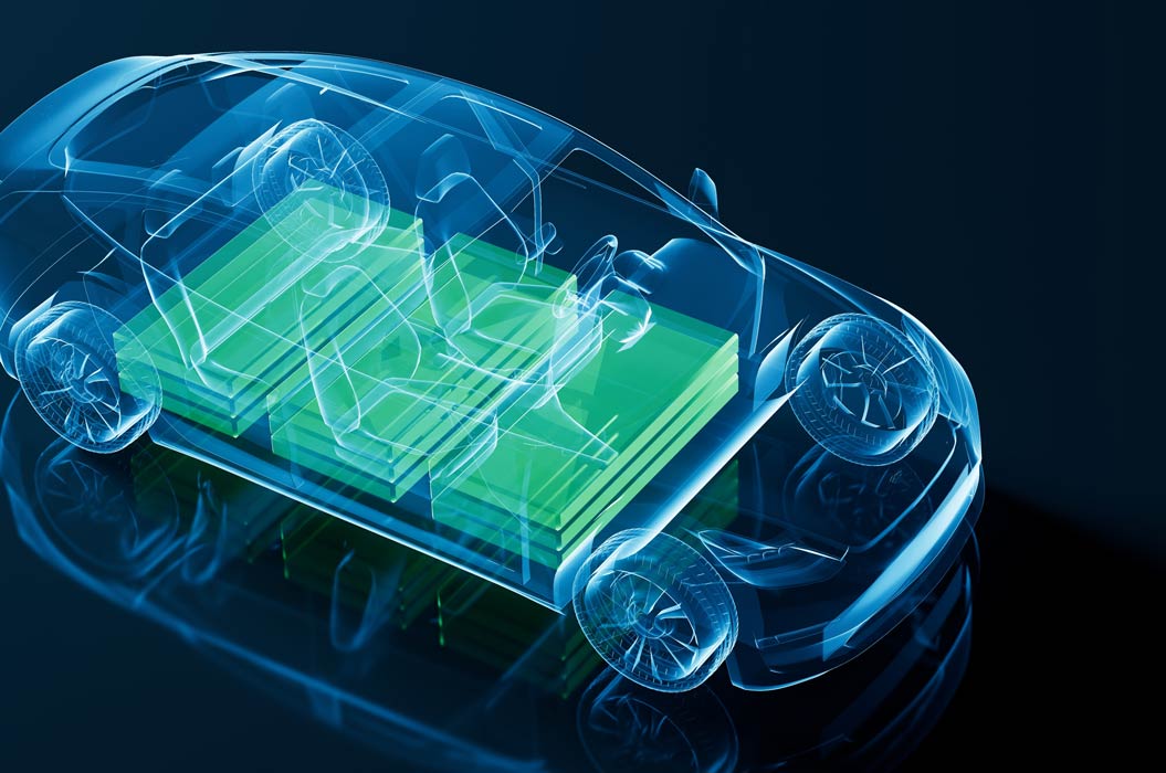 Durchsichtige Fahrzeugdarstellung mit sichtbaren grünen Lithium-Ionen-Akkus.