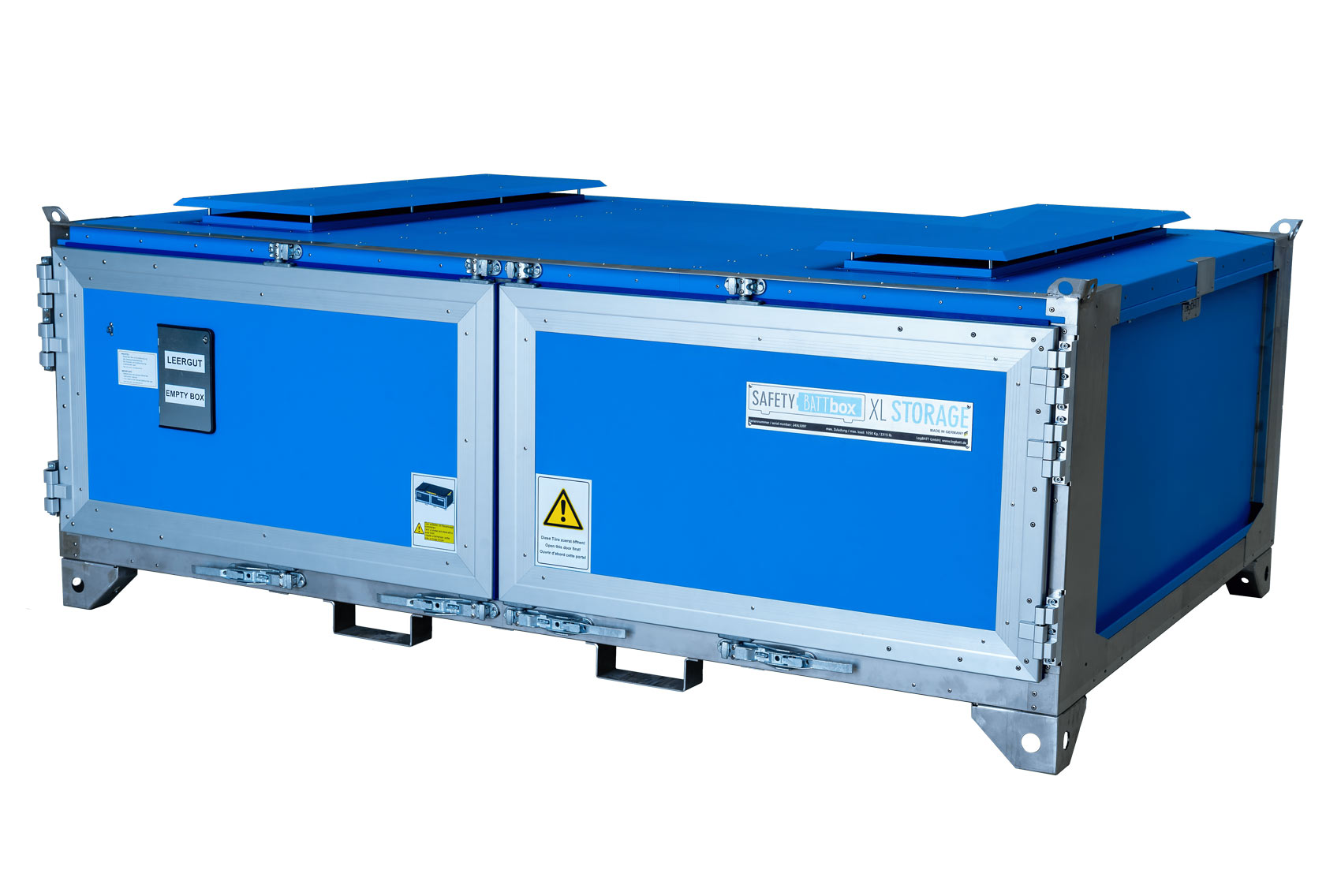 Ein großer blauer Sicherheitscontainer mit Metallrahmen und mehreren Warnhinweisen